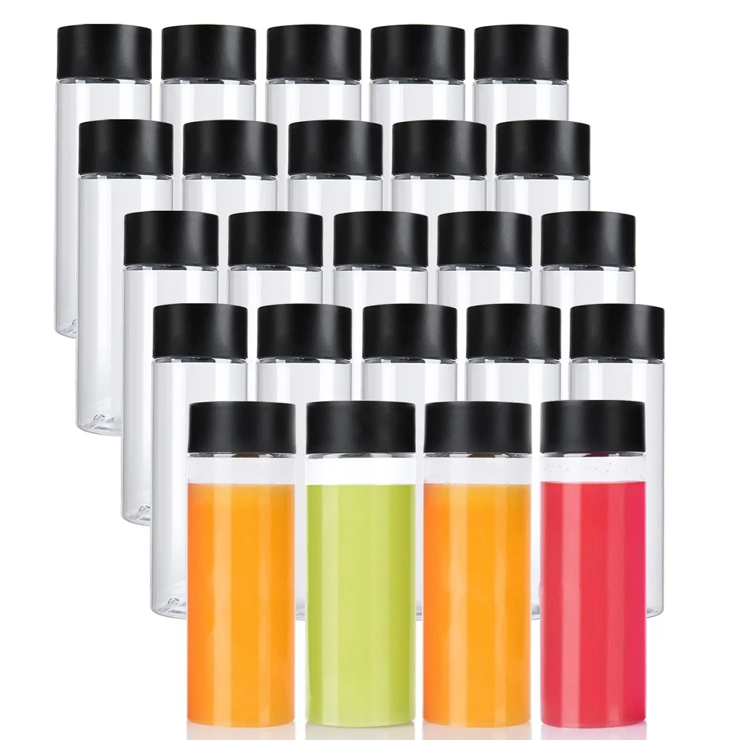 24 Pack 10 OZ (300 ml) Clear PET Plastic Juice Bottles with Black Lids - Plastic Smoothie Bottles Ideal for Juice, Milk, Homemade Beverages