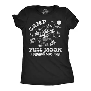 Womens Funny T Shirts Camp Full Moon Sarcastic Halloween Graphic Novelty Tee For Ladies Funny Womens T Shirts Cute Vintage Fashion Casual Ladies T-Shirt Gift Halloween Tops for Women Funny Camping Top Women's Black -