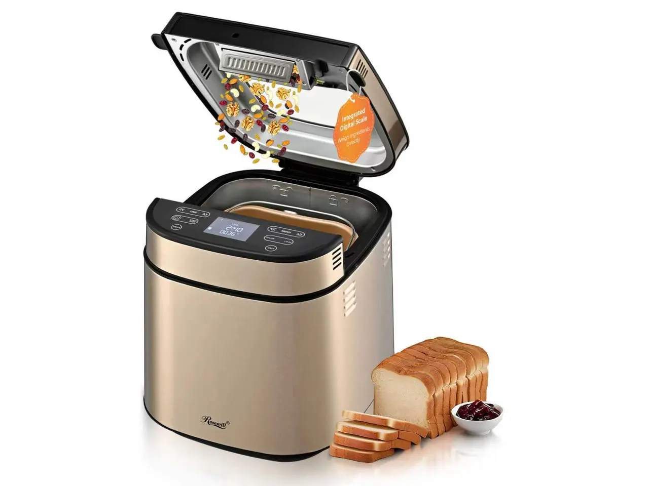 Rosewill 25-in-1 Automatic Bread Maker with Built-in Digital Scale, 3 Loaf Size up to 2.5LB, Beginner-Friendly with 700W High Power Dual Heater Baking System,  BPA-Free Nonstick Coating Pan - Honey