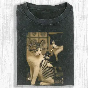 Funny Cat Printed Design Unisex Vintage Crew Neck Regular Fit Cotton Fabric Casual Comfort Breathable Short Sleeve Funny T-shirts Fashion Men&Women's Top for Streetwear 07081