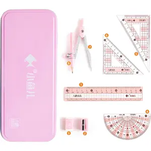 8 Pcs Compass Math Set for Students with Shatterproof Storage Box, Geometry Set for School, Includes Ruler, Protractor, Compass, Pencil, Pencil Sharpener and Eraser, Perfect Gift (Pink)
