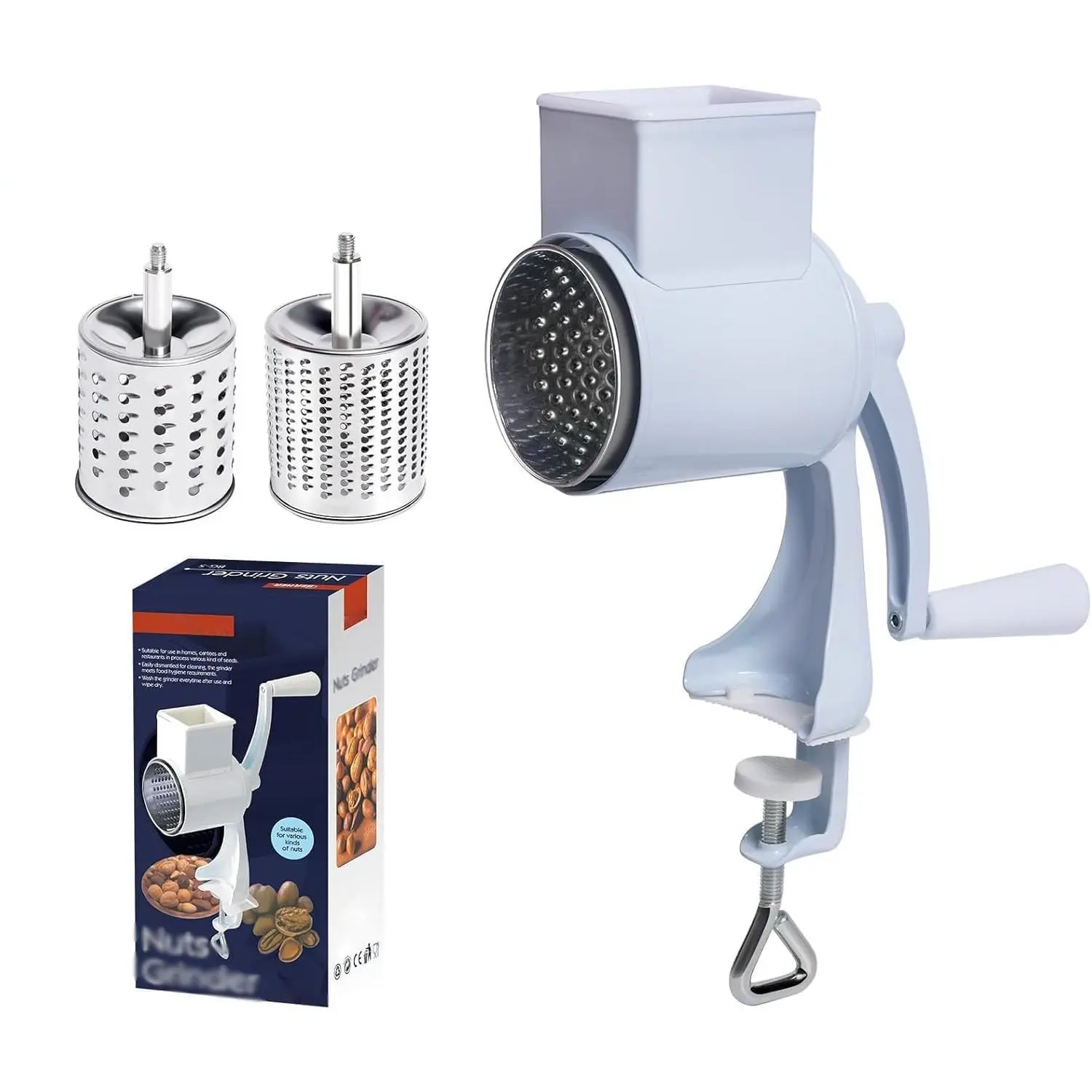 Manual Nut Grinder with Hand Crank, Rotary Cheese Grater Cheese Shredder Multifunctional Dried Fruit Crusher Peanut Masher Grinding Device for All Nuts Walnut Pecan Chocolate 160 Double Sword White