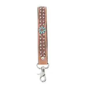 MYRA DESERT DAISY HANDTOOLED LEATHER KEYFOB IN CACTUS UMBER