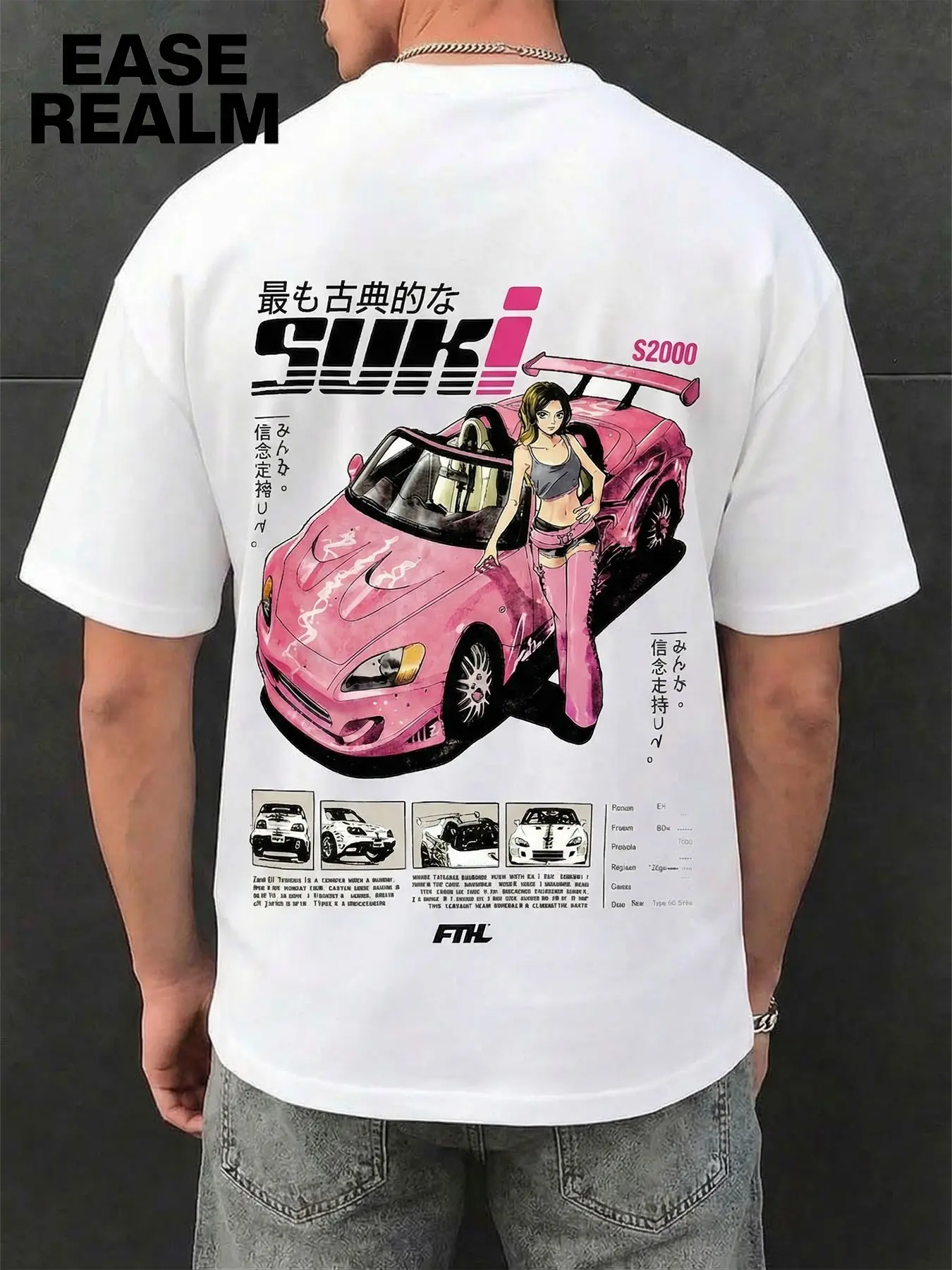 Jdm Racing Car S2000 Anime Girl Suki Print Short Sleeve Breathable T-Shirt, Men's Oversized High Street Trendy Casual Streetwear Fashion Menswear Japanese Cartoon Culture Half Sleeve