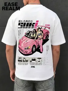 Jdm Racing Car S2000 Anime Girl Suki Print Short Sleeve T-Shirt, Men's Oversized High Street Trendy Streetwear Fashion Menswear Japanese Cartoon Culture Half Sleeve