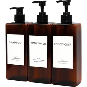 3Pack Refillable Shampoo Conditioner Dispenser Set 500ml 16.9oz Square Pump Bottle with Labels Amber Soap Shower Dispenser for Bathroom Kitchen