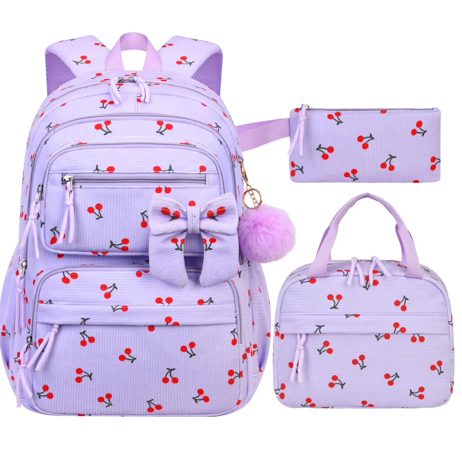 3 In 1 Light Purple Cherry Print Backpack Set, Cute Bow Fluffy Pom Pom Girls School Backpack With Lunch Bag Pencil Case