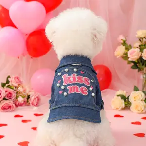 Sweetheart Bubbles Faux Denim Pet Dog Jacket, Valentine's Day for Teddy Pomeranian Bichon Frise, Small Dogs Wearable Coat