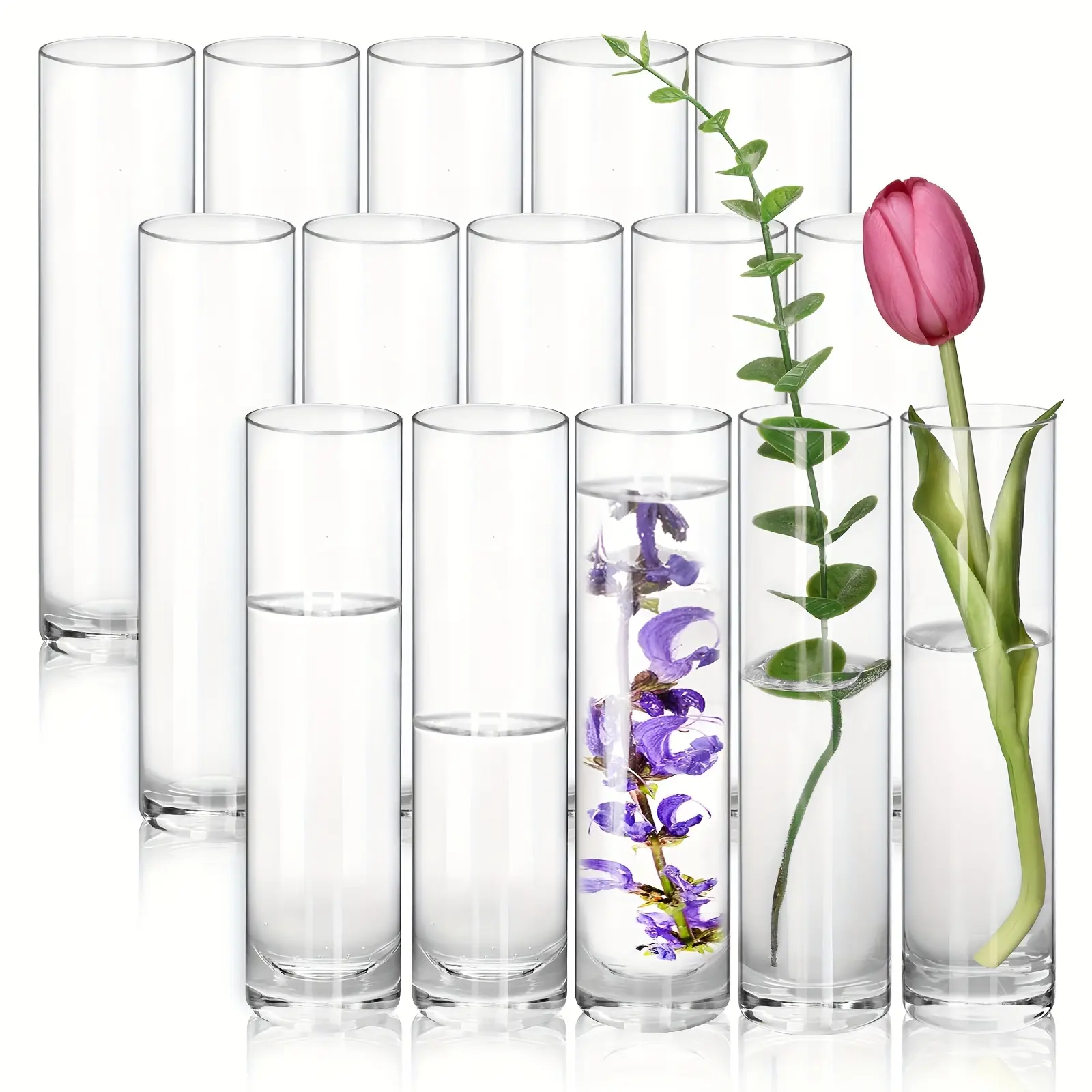 TOMNK 15pcs Glass Cylindrical Vase for Centerpiece, Clear Small Vase, Handmade Slender Vase Wedding Table Decoration Single Rose Vase Bulk, Home Aesthetics Desk Decoration, Party Decoration, Halloween And Christmas