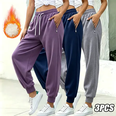 Women’s autumn/winter fleece-lined warm athletic pants, versatile thick design with zippered pockets and an elastic waistband with drawstring; casual pants suitable for outdoor jogging and everyday wear; plus-size women’s apparel; women’s gym sportswear;