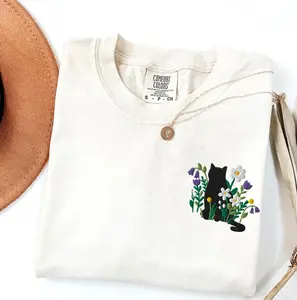 Embroidered Black Cat Cottagecore Comfort Color T-Shirt, Cute Cat comfort colors shirt, Wildflower botanical, Gift for Cat lover, Gift for Cat mom Daughter