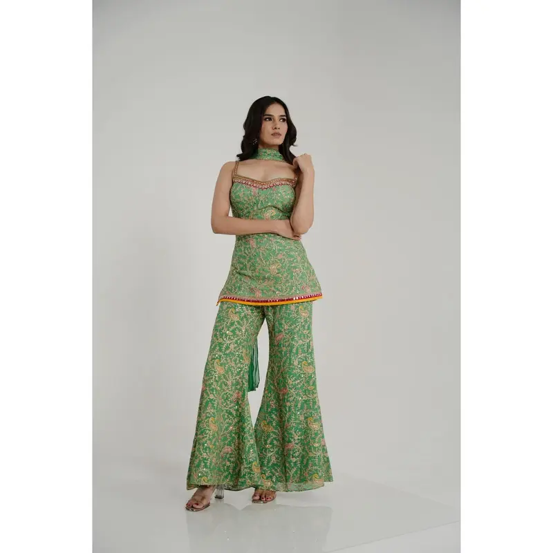 knee length dresses for ladies Girls Western Party Wear Georgette Dress Embroidered Jacket Palazzo Pants main image 0
