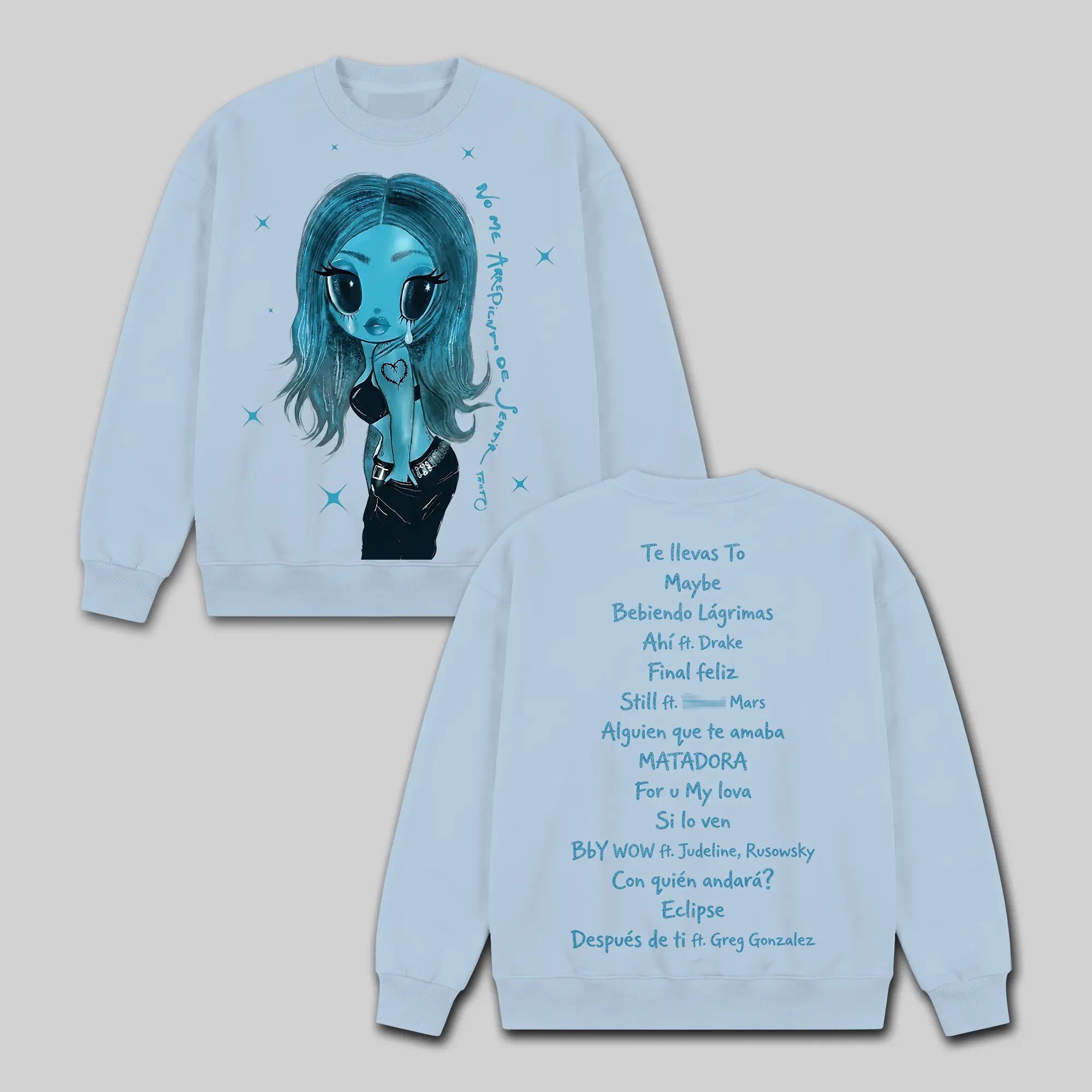 No Me Arrepiento De Sentir Tanto Sweatshirt, Light Blue Album Tracklist Back Print Crewneck, Blue Hair Doll La Bichota Fan Gift, KG Reggaeton Concert Merch, Y2K Aesthetic Long Sleeve Cozy Pullover