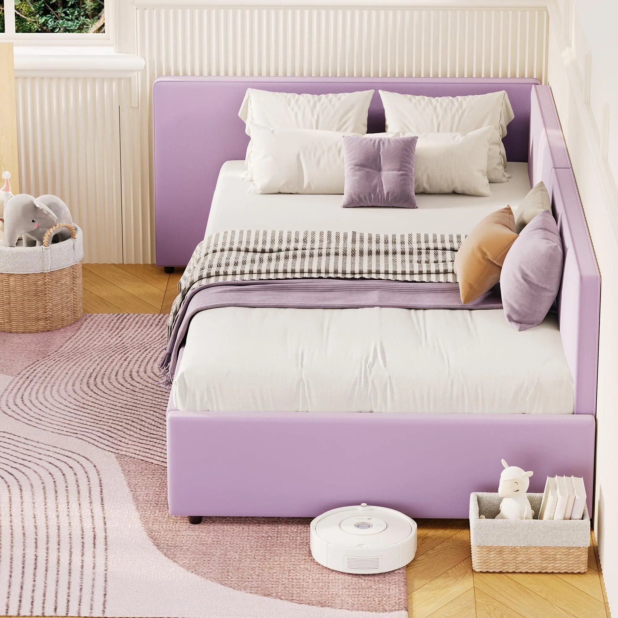 Twin Daybed with Extended Headboard, Corner Bed Frame with Bed Rails, Velvet Upholstered Sofa Bed with Guardrail for Bedroom, Guest Room,Adjustable Installation, Purple