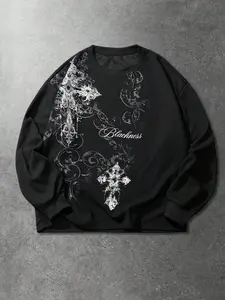 Men's Gothic Cross Print Waffle Knit Long Sleeve Tee, Edgy Blackness Script Graphic Top, Grunge Streetwear For Daily Wear
