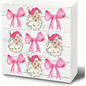 Christmas Signs, Christmas Santa Pink Coquette Bow Wooden Box Sign, Pink Christmas Decor, Santa Christmas Decorations, Pink Christmas Wood Signs for Home Office Desk Table Shelf Decor, 5x5 Inch