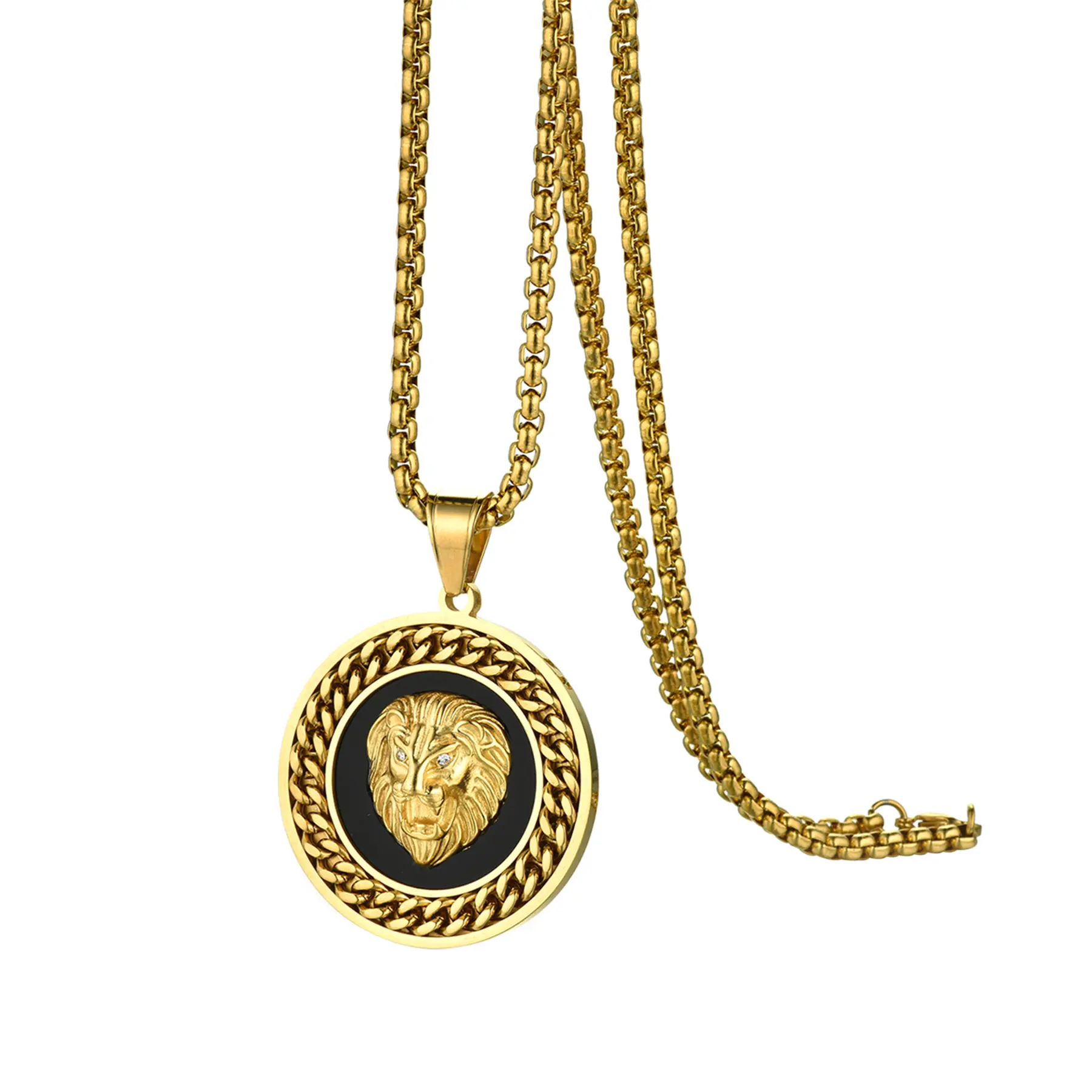 OIDEA Men's Hip-Hop Inspired Lion Head Necklace, Gold-Tone Stainless Steel Bold Pendant with Rhinestones, 22-in Wheat Chain, Casual Birthday Jewelry for Hip Hop Look, Animal, 22 Inch Chain, Hip-Hop Inspired Necklaces