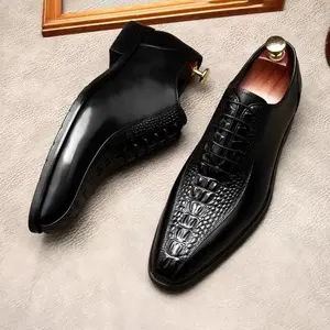 Crocodile Pattern Genuine Leather Shoes Italian Black Square Toe
