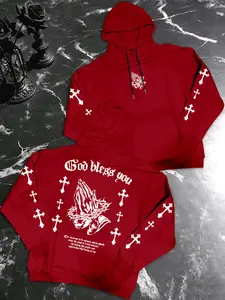Men's Gothic Style Fleece Hoodie, Casual Daily Wear, Fashionable Comfort Cross Letter Palm Design, Fall & Winter Perfect Choice