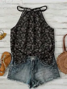 Women's Small Floral Halter Backless Vest, Perfect for Spring Summer, Fit, Casual Daily Wear, Ideal Choice for Leisure