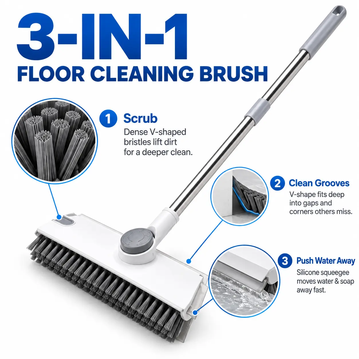 3-in-1 Brush-Squeegee Set, 360-Degree Multi-Angle Rotatable Bathtub Floor Scrubber with Adjustable Stainless Steel Rod, Durable Rigid Stiff Bristles, White&Grey Home Cleaning Supply for Bathroom, Patio