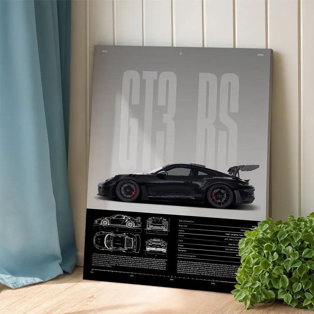 Porsche 911 GT3 RS Themed Artistic Photo Poster - Minimalist Black & White Unframed Canvas Print, Classic Vehicle Wall Art, 12 × 18 In/24×36 in, Light & Wood Accents, Home/Bathroom Decoration, Boxed Housewarming Gift, All Seasons Home Supplies
