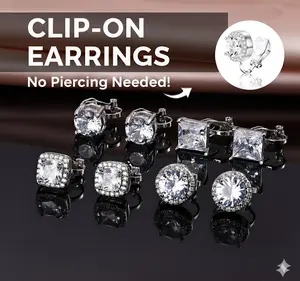 (No Piercing Needed) Clip-On Earrings Set with Cubic Zirconia Hypoallergenic White Gold plated Studs for Sensitive Ears Unisex comfort fit