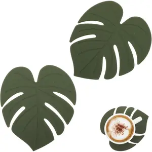 2 Pcs Monstera Coasters, Green Leaf Silicone Heat-Resistant Drink Coasters Trivet Mats Non-Slip Cup Pads for Table Countertop Kitchen Home Office Decor(4.53x4.06 Inch)