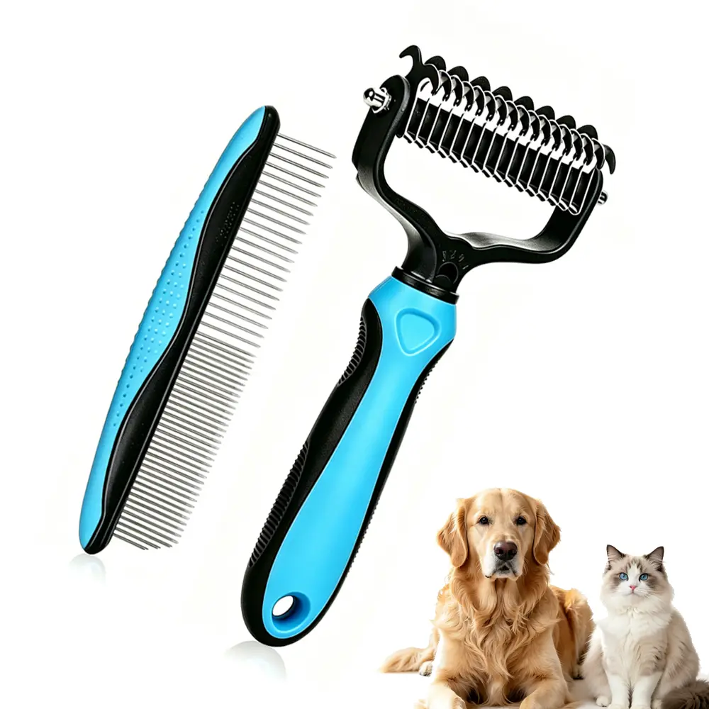 2-in-1 Pet Grooming Brush for Dogs & Cats, Double-Sided Mat Remover Dematting Comb & Undercoat Desh cat dog brushedding Tool, Effective Pet Hair Brush to Reduce Shedding for Daily Grooming of Long Hair Pets set