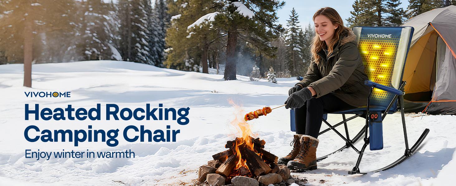 VIVOHOME 45W Padded Heating Rocking Camping Chair, Heated Oversized Portable Lawn Chair for Outdoor Sports, 3 Levels of Heat, Overheat Protection System