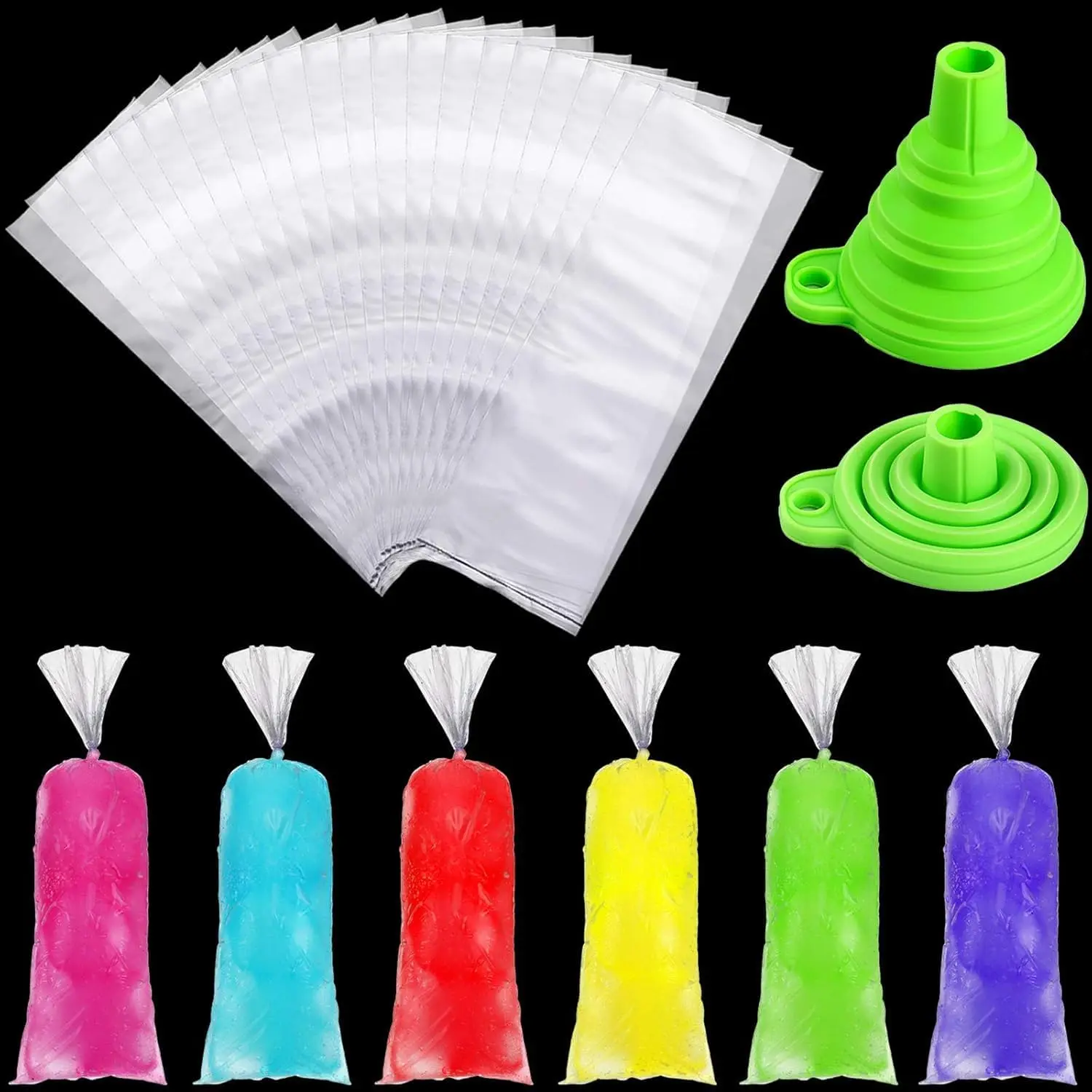 240 Pcs Ice Bolis Bags Disposable Pop Bags with Funnel,3 X 10 Inch | Bolsas Para Bolis for Frozen Treats, Includes Silicone Funnel, Clear Plastic for Yogurt Popsicles Party Juice Candy Making