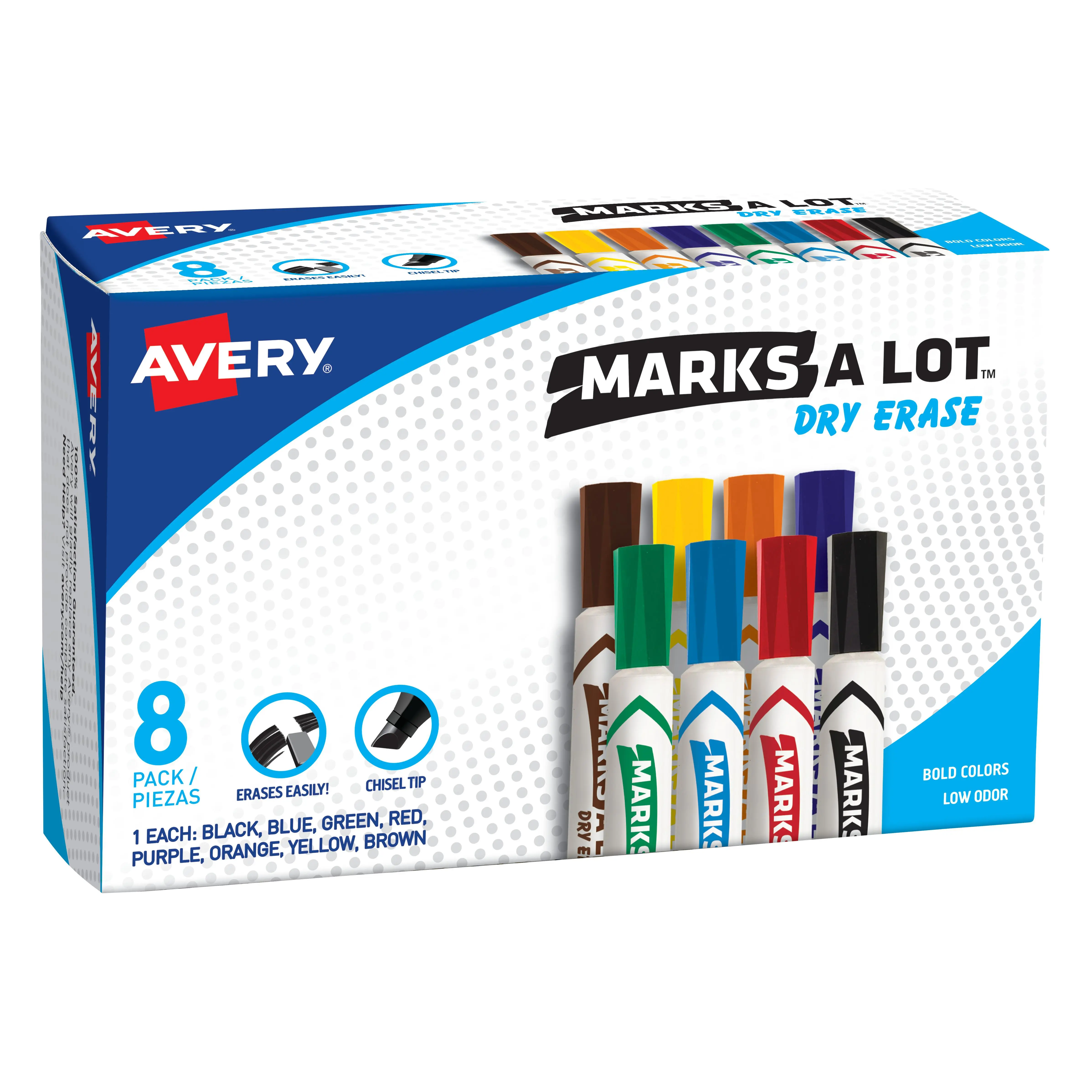 Avery Marks A Lot Desk-Style Dry Erase Colored Markers Set, 1/5 Inch Chisel Tip, Assorted Colors, 8 Count, Cleanly Erasable Stationery Supplies for Home/School (24411)