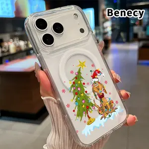 Transparent Magnetic Phone Case for iPhone 17 16  Pro Max Plus 15 14 13 12 11 Air E Doggy Christmas Delight  Pattern Acrylic Back Soft Edge Anti-Slip Hard Shell