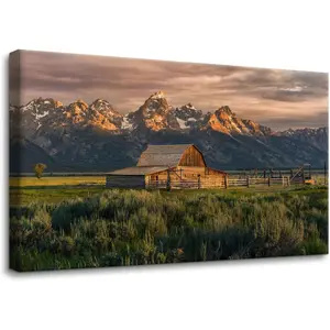 Log Cabin Canvas Wall Art Print Nature Wilderness Landscape Painting Wall Decor for Living Room Home Decoration Gallery Wrapped Posters and Prints Framed Ready to Hang