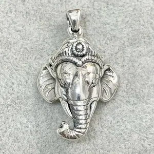 Sterling Silver 925 Big Elephant Head Ganesha Lightweight Hollow Pendant Goddess