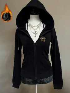 New Heavyweight Fleece Hoodie Jacket, Y2K Gothic Print, Zipper Sweatshirt Coat, American Vintage Style, Long Sleeve, Fall & Winter