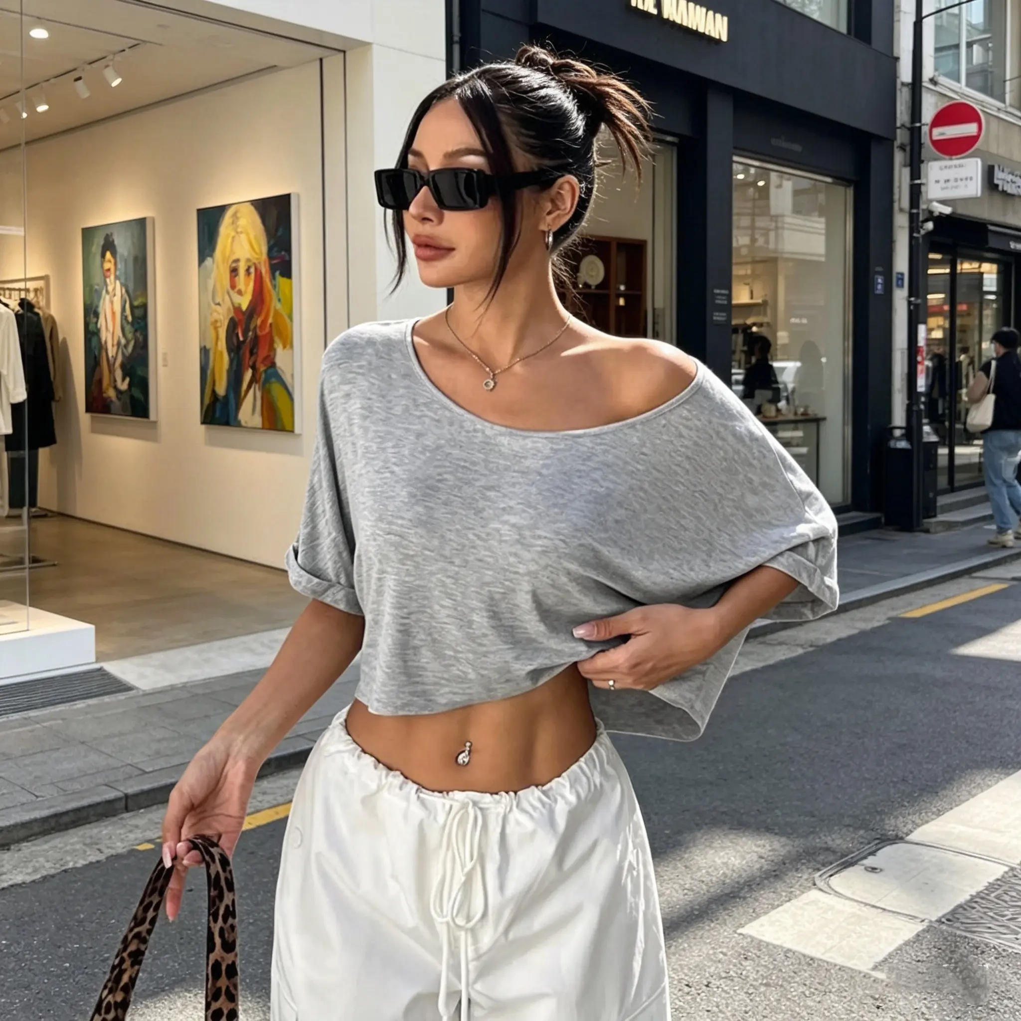 Women's Off-Shoulder Crop Top, Casual Loose Short Sleeve Asymmetrical Neck Cropped T-Shirt, Sexy Y2K Basic Tee