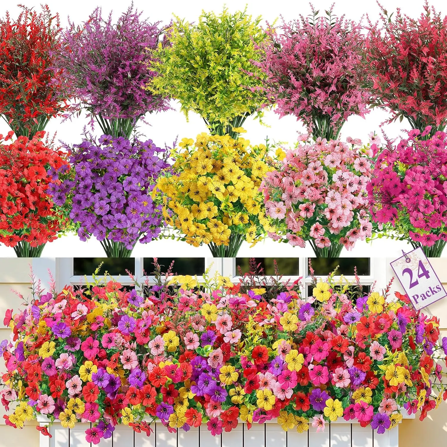 24 Bundles UV-Resistant Rosy Colorful Silk Fabric Daisy-Eucalyptus-Lavender Mix Bouquet (5 Colors) - Decorative Durable Plastic Floral Decor, Artificial Outdoor Flowers for Home Porch Daily Use, Gift Box Included