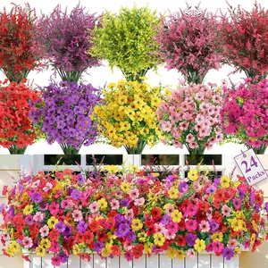 24 Bundles UV-Resistant Artificial Flowers for Outside, Decorative Faux Silk Plants with Colorful Daisy, Eucalyptus, Lavender Mix (5 Colors), Realistic Durable Plastic Floral Decor for Home Porch, Indoor Spring Use
