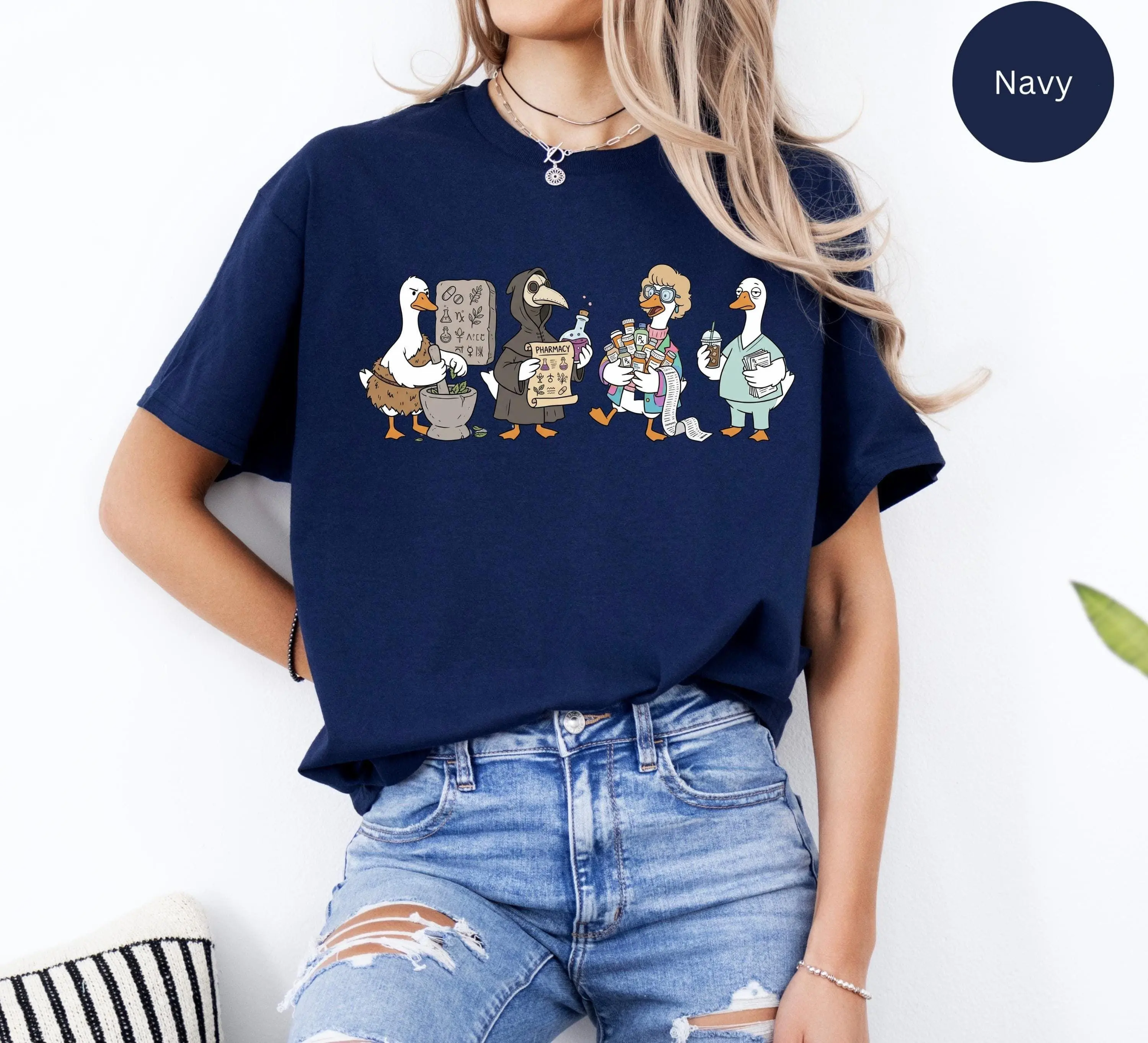Women's Short Sleeve Round Neck Cotton Fleece T-Shirt - Fit, Pocket, Breathable Ribbed Fabric, Funny Pharmacy Evolution Design, Casual Pharmacist Apparel, CPhT Student Graduation Gift, Drawstring Top