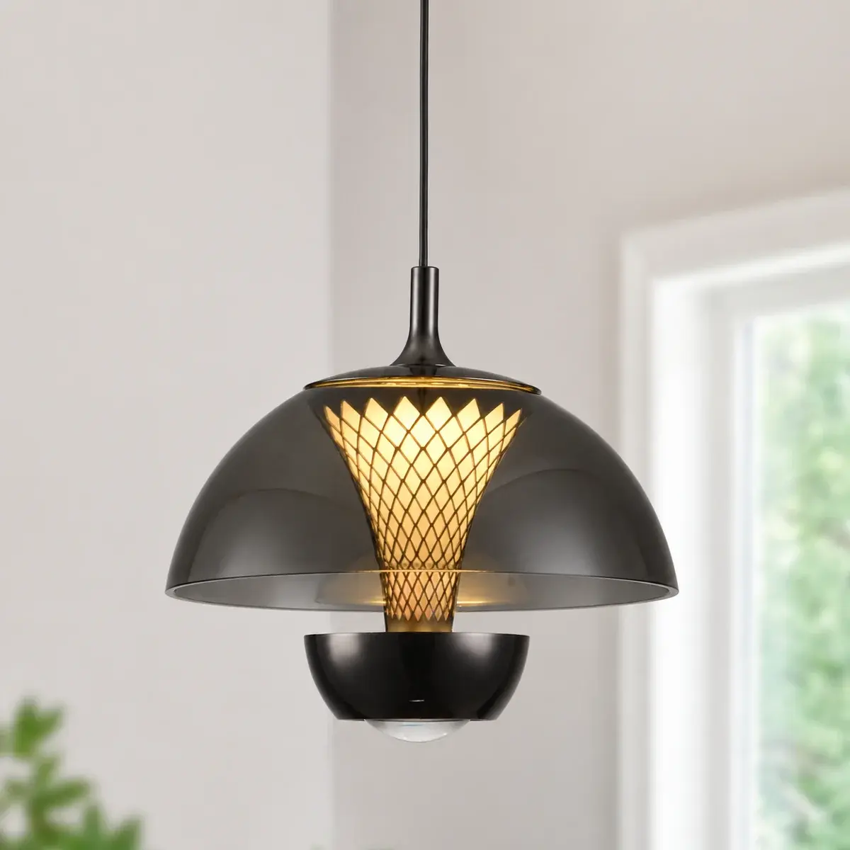 Garwarm Minimalist Semi-Spherical Smoked Glass Acrylic Pendant Light - 15W Energy-Efficient Modern Adjustable Indoor Use Fixture with 150cm/59in Suspension Cord for Dining Table, Bedroom