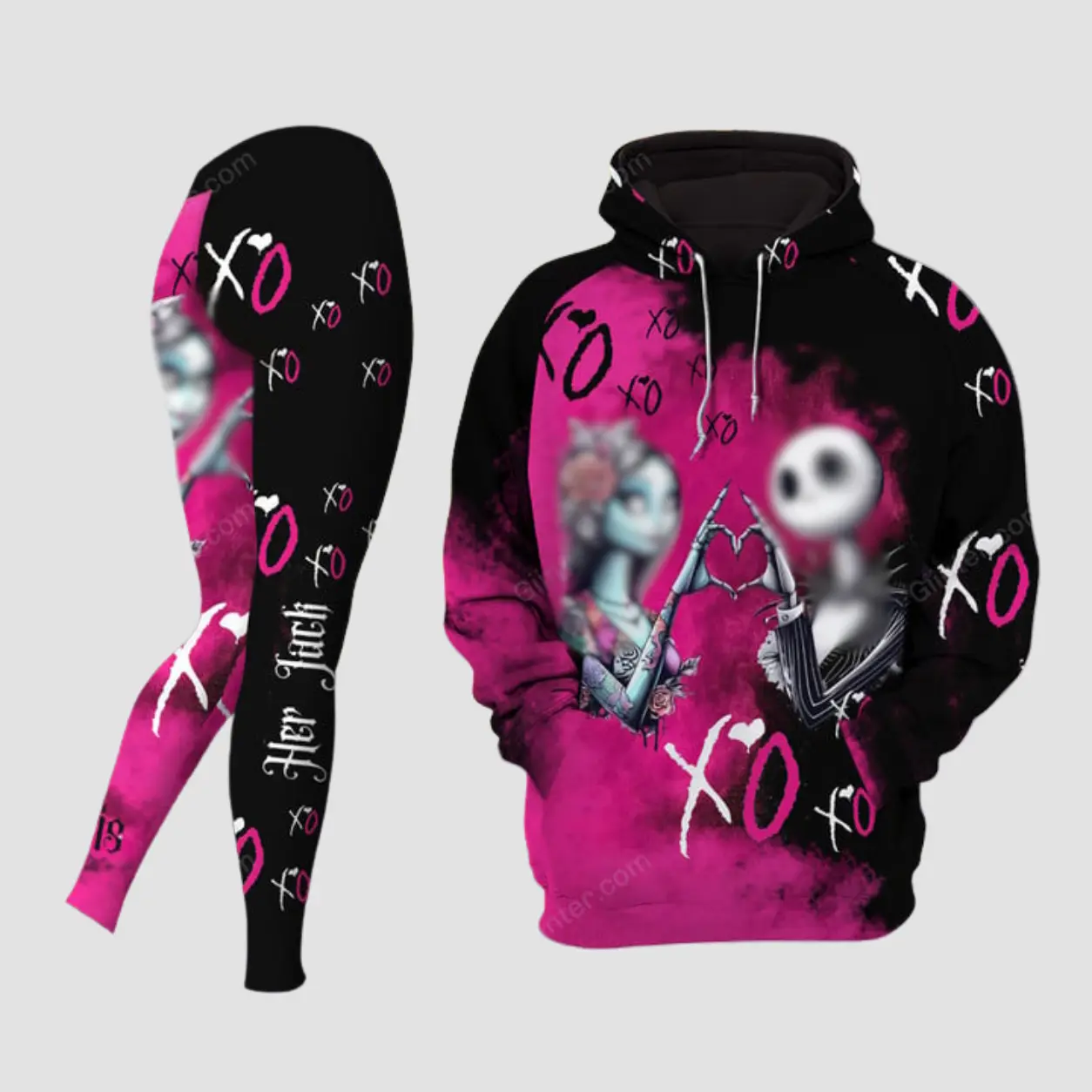 Pink Gothic Couple Hoodie and Legging Set, Spooky Skeleton Romance Printed Outfit, Black Magenta Halloween Pullover Top with Matching Pants