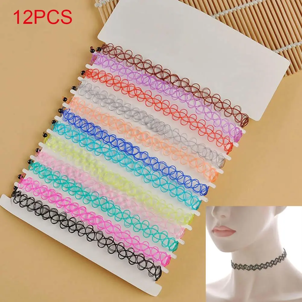 12pcs  Vintage Chokers Necklaces For Women Stretch Tattoo Necklaces Elastic Chocker Simple Trendy Girls Short Pendant