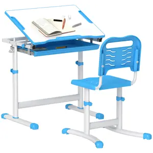 High end and high-quality Kids Desk and Chairs Set, Height Adjustable Children School Study Desk with Tilt Desktop, Storage Drawer, Pen Slot, Hook, Ergonomic Table and Chair Set for Kids, BlueSafe, sturdy, comfortable, and stable
