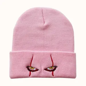 Unisex Horror Clown Eyes Knitted Beanie – Soft 100% Acrylic Winter Ski Hat, Red Accent Design, Warm Coldproof Headwear for Men & Women, Perfect for Halloween and Costume Parties