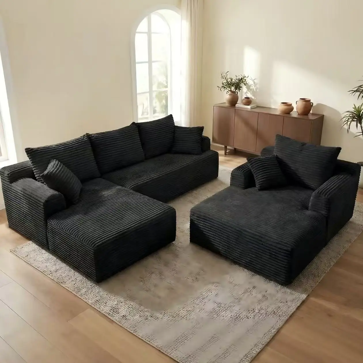 96in L-Shaped Modular 5-Seater Sectional Sofa with Fixed Arms, 47in Boneless Seat Chaise, Minimalist Modern, Oversize Depth, Flexible Split-Layout, Plush Vertical Ribs Corduroy Cloud Fabric, Pre-Assembled, Ships in 2 Packages, for Living Room Dorm Room, P