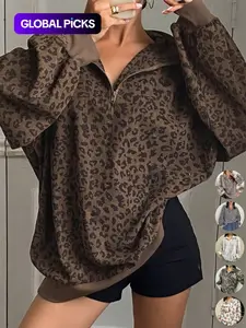 Women's Casual Zip Front Corduroy Long Sleeve Leopard Print Sporty Sweatshirt Hoodie, Loose-Fitting Spring & Fall Fashion, Comfortable Daily Wear, Womenswear
