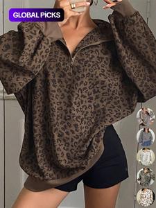 Women Casual Zip Up Front Long Sleeve Leopard Print Sweatshirt,Fall Clothes