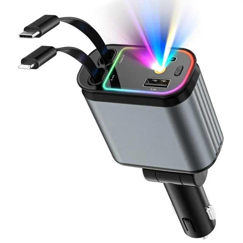 Starlight in Car Roof- 4 in 1 Retractable Car Charger, Fast Car Phone Charger with Starry Night Feature, Car Adapter with Retractable Cables and USB Type C Ports for iPhone 15/14/13/12, Galaxy