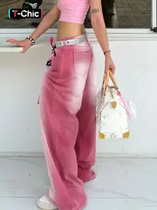 Women's Y2K Vintage Washed Denim Jeans, Color Gradient Wide Leg Jeans, Casual Fitted Long Regular Fit, All Seasons Wear, Natural Waist Pants, Button